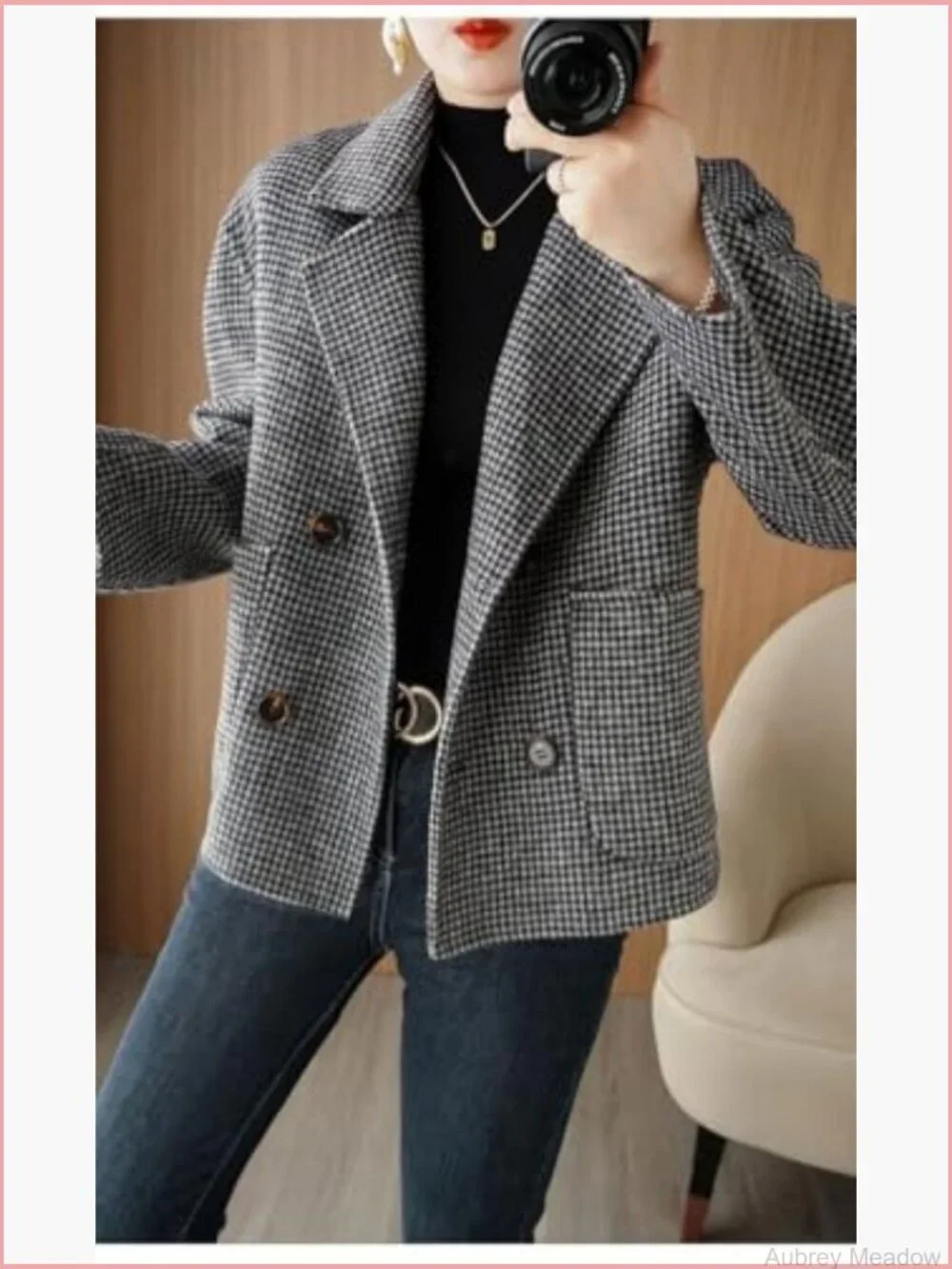 Cropped Wool Pea Coat Houndstooth Double Breasted Short Blazer Jacket